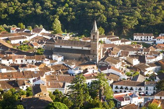 Overhead oblique angle view of village of Alajar, Sierra de Aracena, Huelva province, Spain, Europe