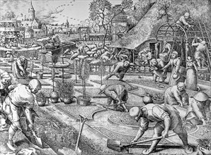 Engraving Spring, De Lente from Pieter Bruegel the Elder by Pieter Van Der Heyden showing mediaeval