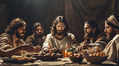 Last supper of Jesus and his disciples. Bible scene, AI generated