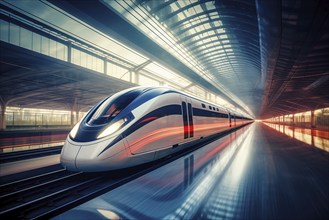 Modern high speed train in a futuristic train station. Modern transportation technology, speed,