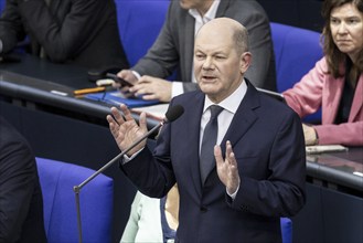 Olaf Scholz (SPD), Federal Chancellor, recorded during a questioning of the Federal Government in