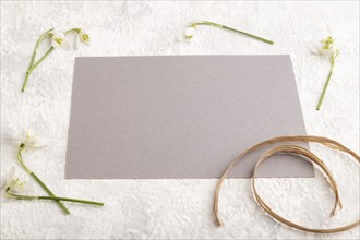 Gray paper sheet mockup with spring snowdrop galanthus flowers on gray concrete background. Blank,