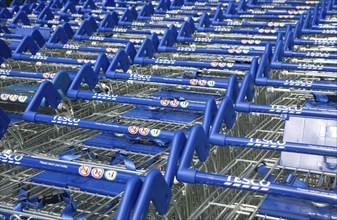 Stacked Tesco shopping trolleys, UK