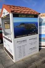 Ticket booth for boat trips to Lobos island at Corralejo, Fuerteventura, Canary Islands, Spain,