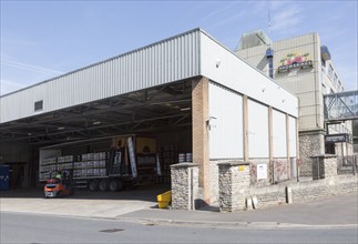 Forklift loading barrels onto trailer, Showerings cider mill, Shepton Mallet, Somerset, England, UK