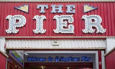 Neon signs at the amusement arcade on Felixstowe Pier, Suffolk, England, United Kingdom, Europe