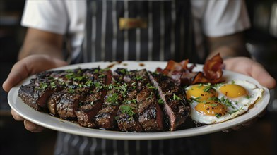 Man holding out A plate filled with steak, bacon and eggs. generative AI, AI generated