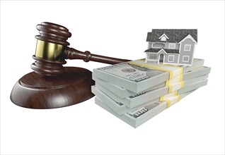 Miniature house with stack of money and wooden gavel isolated on a white background