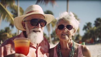 Senior adult couple enjoying the beach and tropical drinks, generatvie AI, AI generated