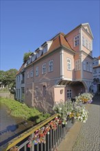 Historic house on the Gera and love locks on the bridge railing, Lange Brücke, Erfurt, Thuringia,