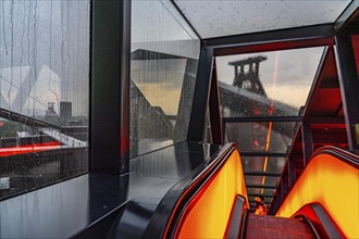 Zeche Zollverein, rainy day, view of the double headframe of shaft XII, through rain-soaked