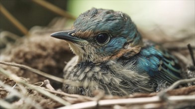 Cute newborn blue bird in nest, generative AI, AI generated