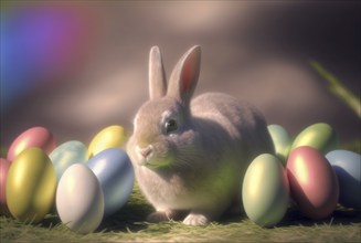 Cute bunny sitting next to several colorful easter eggs, generative AI, AI generated