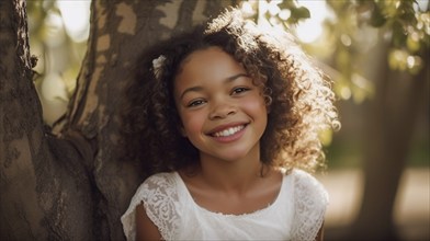 Portrait of a beautiful mulatto girl wearing a white dress for easter sunday, generative AI, AI