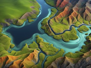 Aerial view perpendicular top down of an abstract colorful river along the coastline, AI generated