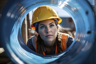 Portrait of a female construction worker with a yellow helmet, AI generated