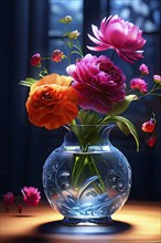 Transparent crystal glass vase with vibrant blooming flowers, AI generated