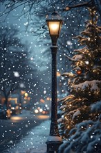 Christmas Eve with snowflakes fall under the light of a streetlamp with a decorated tree in the