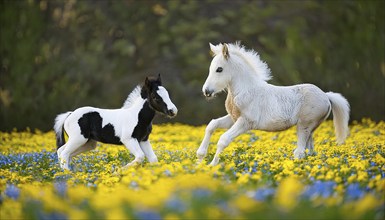 Two foals playing in a flower meadow, studio, AI generated