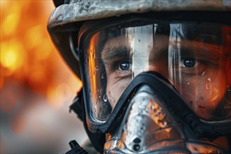 Face of male firefighter with helmet with fire in blurry background. Generative Ai, AI generated