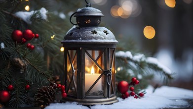 Rustic lantern with a flickering candle inside, surrounded by sprigs of pine and red berries,