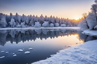 Serene winter landscape at sunrise with snow-covered trees and a frozen lake, AI generated