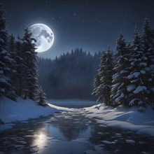 Tranquil winter night scene with a crescent moon and stars shining brightly over a frozen lake,