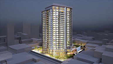 Three dimensional rendering of an illuminated modern high-rise office building, AI generated