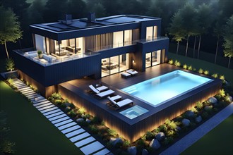 Three dimensional rendering of an illuminated modern ecological real estate residential house, AI