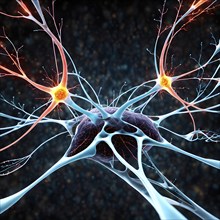 Visualization of neurons firing neurotransmitters in the synaptic gap, AI generated