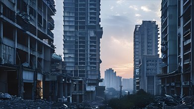 Contrast of modern skyscrapers looming over an ancient abandoned district, AI generated