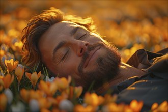 A man lies relaxed in a meadow, surrounded by crocus blossoms, resting and enjoying the first