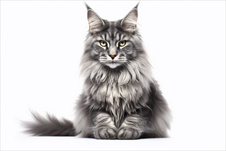 Gray large Main Coon cat on white background. KI generiert, generiert, AI generated