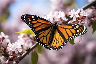 Viceroy butterfly sitting on tree with pink spring flowers. KI generiert, generiert, AI generated