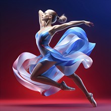 Abstract digital render of an olympic rythm sports gymnast morphing into fluid shapes of french