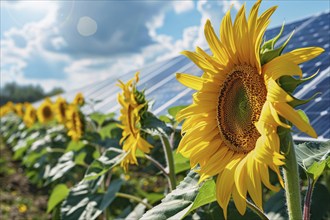 Sunflowers with pohotovoltaic solar cells. KI generiert, generiert, AI generated