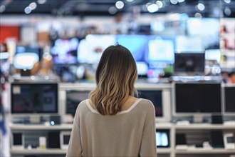 Back view of woman in electronics store. KI generiert, generiert, AI generated