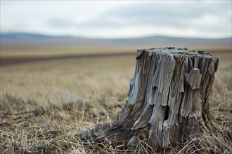 Tree stump with sad try landscape in background. Deforestation concept. KI generiert, generiert, AI