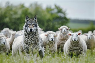 Depiction of a wolf in sheep's clothing, example of a figure of speech, metaphor, visualisation for