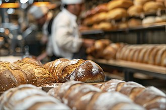 Loaves of bread in industrial bakery kitchen. KI generiert, generiert, AI generated