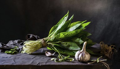 Wild garlic bundle with garlic cloves on a dark background, atmospheric lighting, wild garlic,