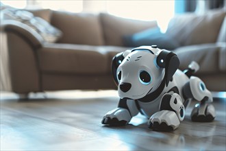 Cute robotic dog on livingr oom floor. KI generiert, generiert, AI generated