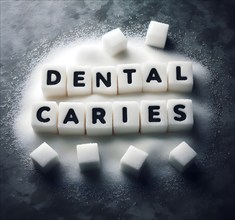 The words dental caries, caries, are formed from sugar cubes, symbol image disease, obesity,