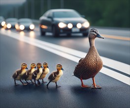 A duck with its chicks walks on a road in front of a car, AI generated, AI generated