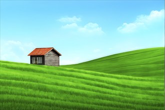 AI generated illustration of house rest on a verdant grassy hill