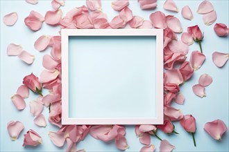 Top view of empty picture frame surrounded by romantic pink rose petal flowers on pastel blue