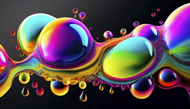 Colourful iridescent plastic bubbles and drops filled with oily liquids, 3D, digital art, AI