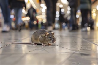 Close up of rat on floor in shopping mall in city. Generative Ai, AI generated