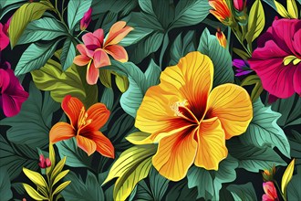 Illustration background of lush floral pattern with vivid flowers and leaves, AI generated