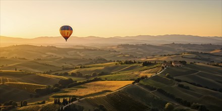 Hot air balloon drifting above undulating tuscan hills in sunsets golden light, AI generated